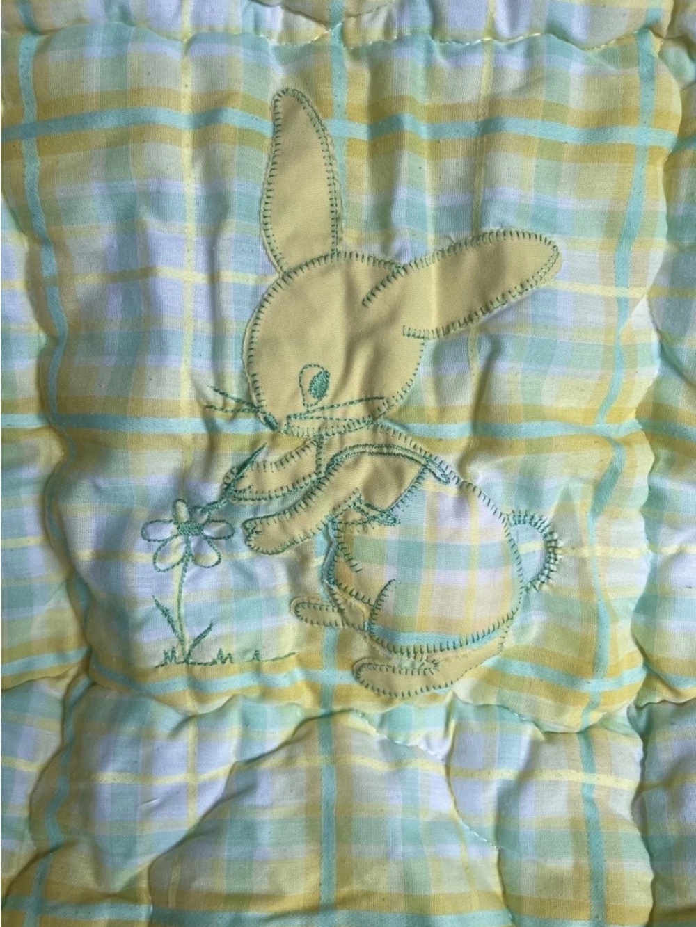 Plush Baby Bedding Quilt with Yellow Plaid and Bunny Appliqué